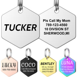 YEHANTI Dog Tags Engraved for Pets Personalized, Custom Stainless Steel Dog  Tags and Cat Tags with Various Cute and Beautiful Icons, Double Sided  Engraved Pet ID Tags Dog Name Tag (Hexagon) 