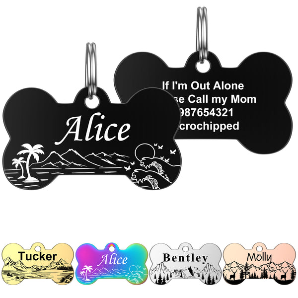 Bone Dog Tags Engraved for Pets, Custom Dog Tag, YEHANTI Stainless Steel Double Sided Personalized Dog Tags Cat and Dog Collar Charm Microchips