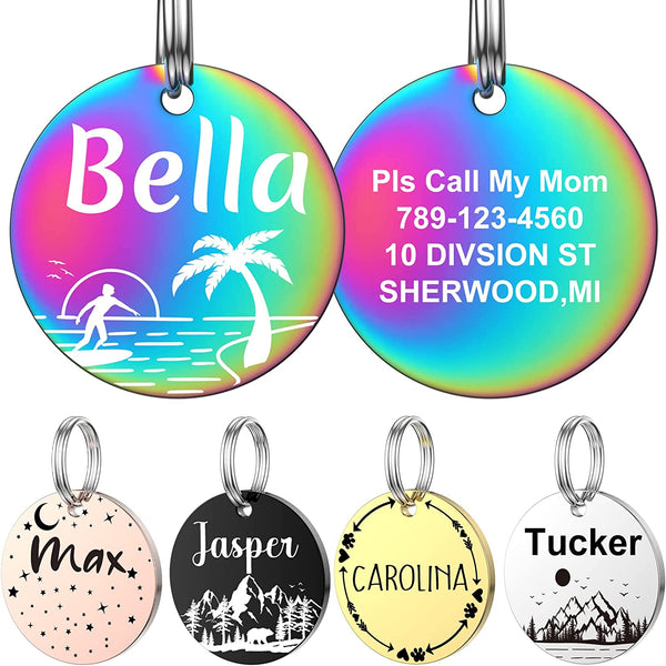 Round Dog Tags Personalized for Pets, Dog ID Tags, Double Sided Engraved Stainless Steel Pet Tags for Dogs Cats, Personalized Dog Tags with Variety Unique and Cute Pattern Designs